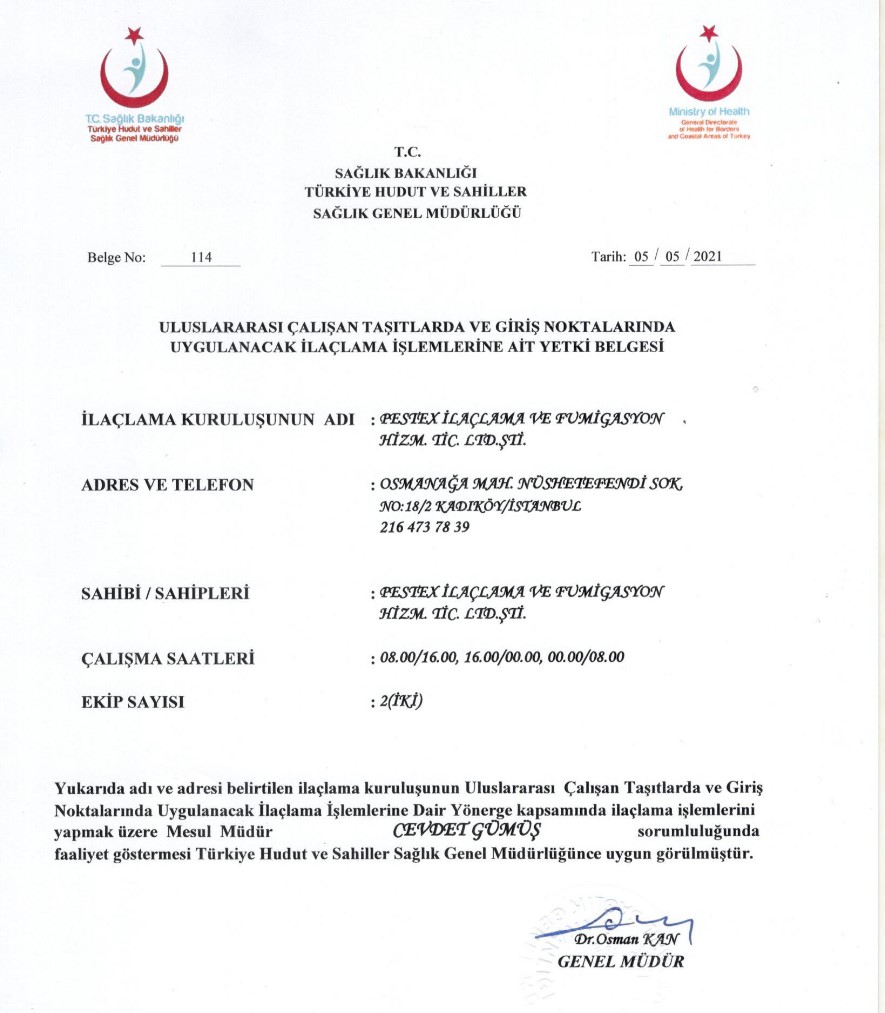 Uluslararası Araçlarda ve Gümrüklü Alanlarda İlaçlama Belgesi