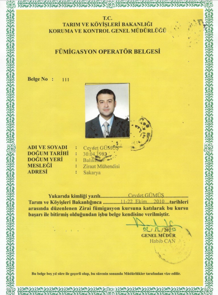 Fümigasyon Operatörlük Belgesi